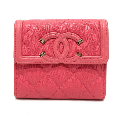 CHANEL Trifold wallet AP0375 Caviar skin Pink type CC filigree Matrasse Women Used Authentic